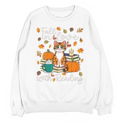 Cat Fall In Love With Reading Book Lover Autumn Unisex Sweatshirt - Bookorys