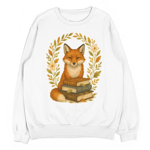 Cottagecore Whimsical Woodland Red Fox Behind Stack Of Books Unisex Sweatshirt - Bookorys