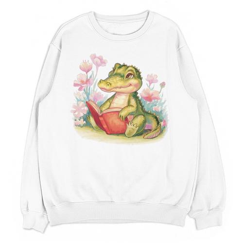 Crocodile Reading Book Watercolor Flowers Kids Unisex Sweatshirt - Bookorys