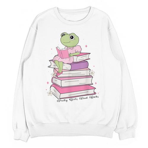 Cute Book Lover Frog Pretty Girls Read Books Kawaii Reading Unisex Sweatshirt - Bookorys
