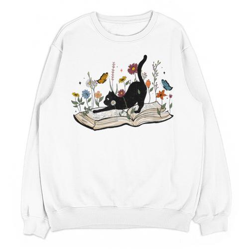 Cute Cat Flower Garden Book Kitty Reading Floral Men Women Girls Kids Unisex Sweatshirt - Bookorys AU