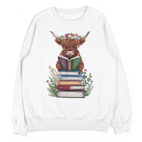 Cute Highland Cow With Book Floral Bookworm Librarian Book Unisex Sweatshirt - Bookorys CA