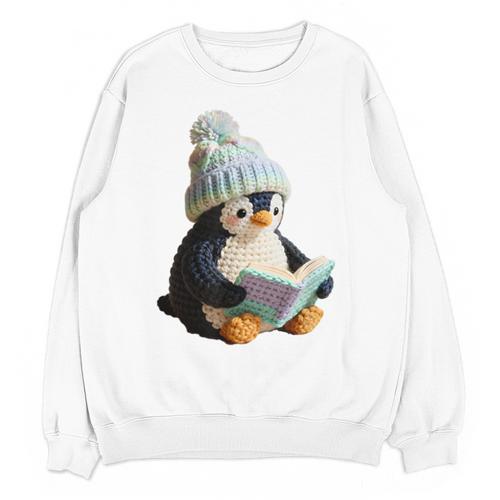 Cute Penguin Reading Book Faux-Crochet Print Unisex Sweatshirt - Bookorys