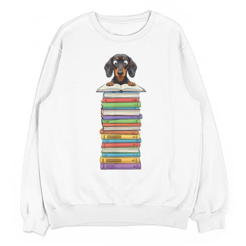 Cute Wiener Dog Dachshund Reading On Pile Of Books Unisex Sweatshirt - Bookorys UK