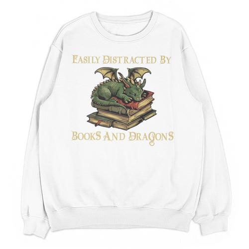 Easily Distracted By Books And Dragons Graphic Premium Unisex Sweatshirt - Bookorys AU