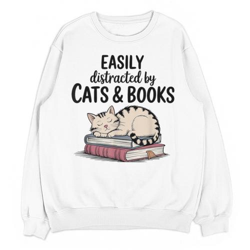 Easily Distracted By Cats And Books Cute Book Lover Unisex Sweatshirt - Bookorys CA