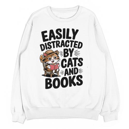 Easily Distracted By Cats And Books Lovers Reading Unisex Sweatshirt - Bookorys