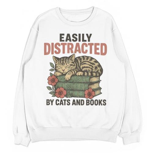 Easily Distracted By Cats And Books Vintage Unisex Sweatshirt - Bookorys AU