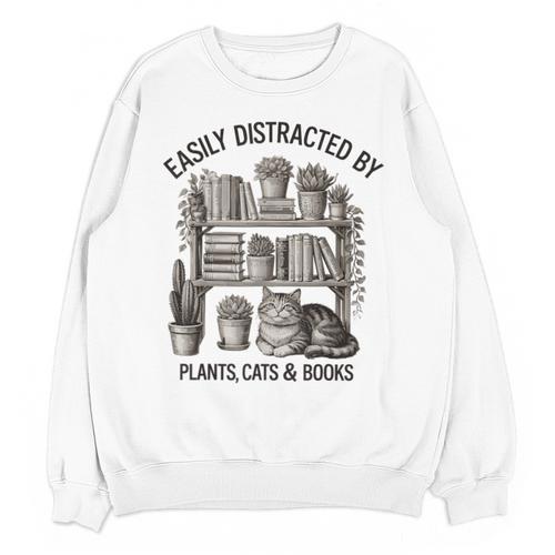 Easily Distracted By Plants Cats & Books Planting Gardening Unisex Sweatshirt - Bookorys