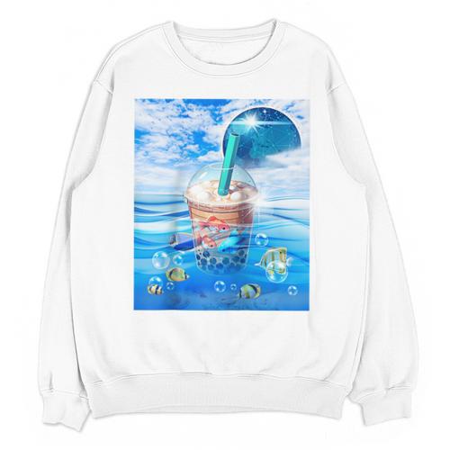 Frutiger Aero Aesthetic Tech Bubble Tea Boba Milktea Fishes Raglan Baseball Tee Unisex Sweatshirt - Figerry