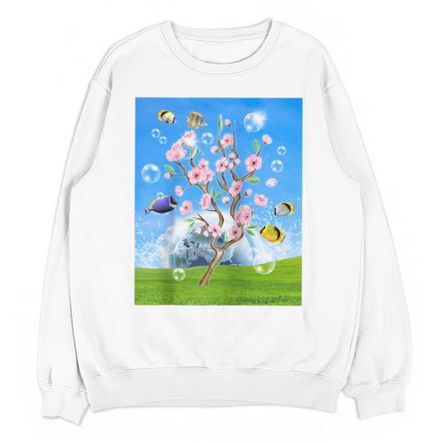 Frutiger Aero Aesthetic Tech Cherry Blossom Fishes Bubbles Raglan Baseball Tee Unisex Sweatshirt - Figerry