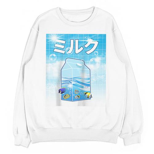 Frutiger Aero Aesthetic Tech Kawaii Milk Underwater Fishes Raglan Baseball Tee Unisex Sweatshirt - Figerry