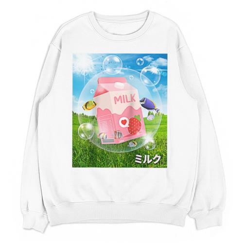 Frutiger Aero Aesthetic Tech Kawaii Strawberry Milk Fishes Raglan Baseball Tee Unisex Sweatshirt - Figerry