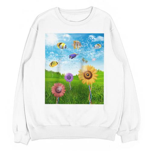 Frutiger Aero Aesthetic Tech Scenery Fishes Sunflower Raglan Baseball Tee Unisex Sweatshirt - Figerry