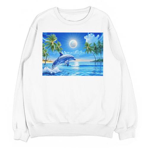 Frutiger Aero Dolphin Sunset Ocean With Palm Trees Y2k Premium Unisex Sweatshirt - Figerry
