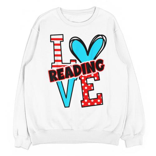 I Heart Books Love Reading Red And Stripe Animated Cat For Men Women Girls Kids Unisex Sweatshirt - Bookorys CA