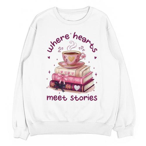 Where Hearts Groovy Meet Stories Coffee Books Valentines Day Unisex Sweatshirt - Bookorys