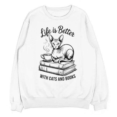 Life Is Better With Cats & Books Sphynx Cat Mom Women Unisex Sweatshirt - Bookorys