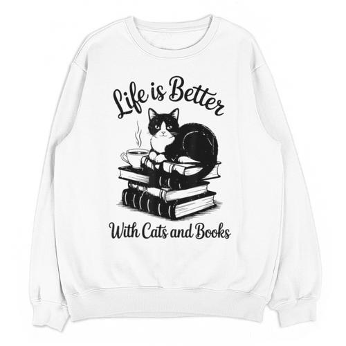 Life Is Better With Cats & Books Tuxedo Cat Mom Women Unisex Sweatshirt - Bookorys