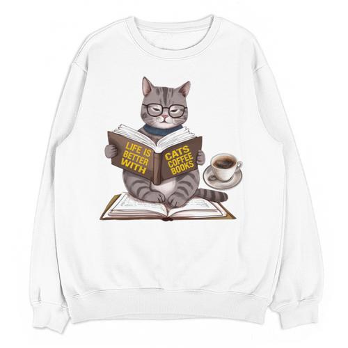 Life Is Better With Cats Coffee Books Cat Reading Book Unisex Sweatshirt - Bookorys