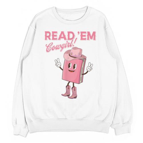 Read 'Em Western Cowgirl Retro Groovy Reading Books Unisex Sweatshirt - Bookorys CA