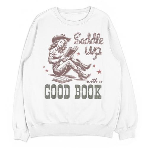 Retro Cowgirl ReadingTee Saddle Up With A Good Book Western Unisex Sweatshirt - Bookorys