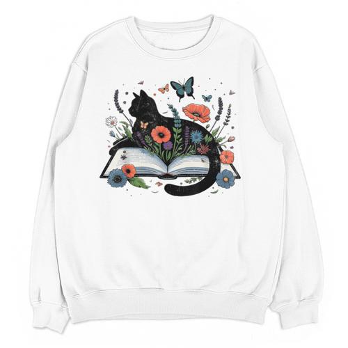 Retro Cute Cat Floral Book Librarian Vintage Floral Cat Book Unisex Sweatshirt - Bookorys UK