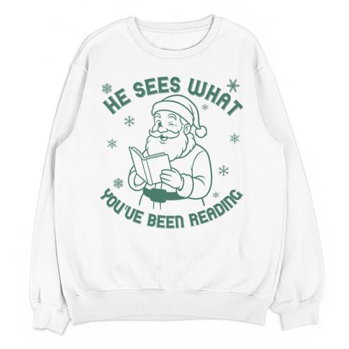 He Sees What You'Ve Been Reading Christmas Bookish Santa Premium Tri-Blend Unisex Sweatshirt - Bookorys UK