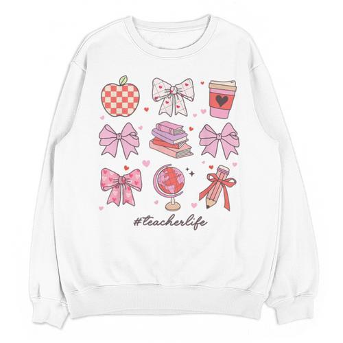 Valentine Teacher Cute Bows Apple Globe Pencil Books Art Unisex Sweatshirt - Bookorys CA