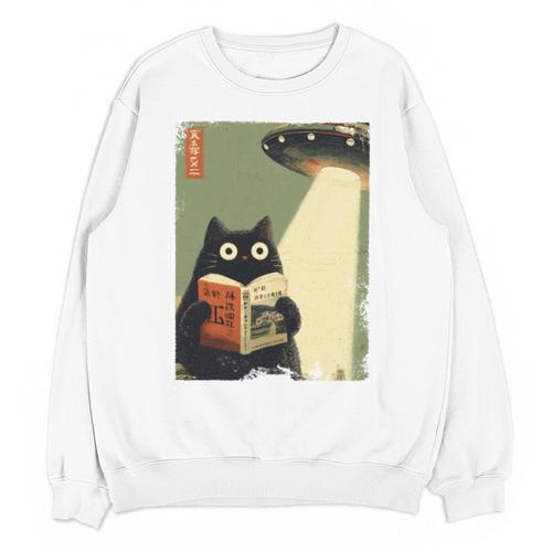 Vintage Japanese Cat Book Lovers UFO Alien Abduction Cat Dad Unisex Sweatshirt - Bookorys