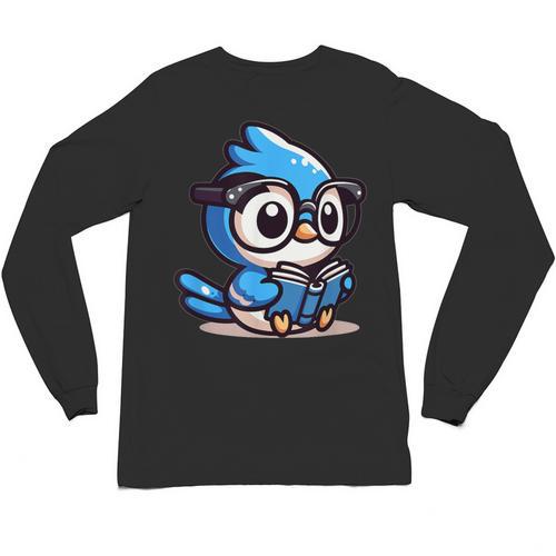 Adorable Book Lover Blue Jay With Reading Glasses Cute Unisex Long Sleeve T-Shirt - Bookorys