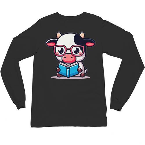 Adorable Book Lover Cow With Reading Glasses Cute Unisex Long Sleeve T-Shirt - Bookorys UK