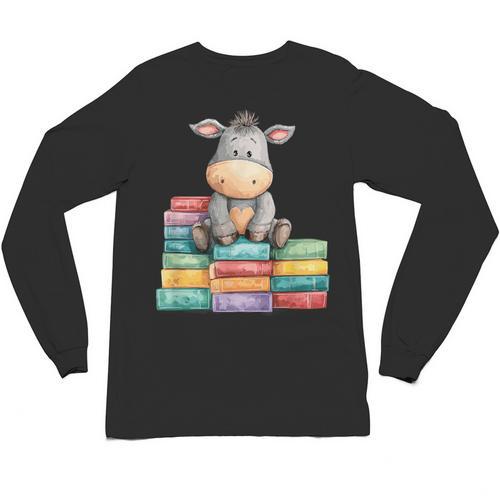 Adorable Donkey With Heart Sitting On Colorful Book Stack Unisex Long Sleeve T-Shirt - Bookorys