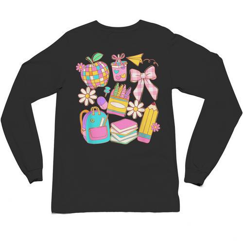 Apple Disco Pencil Books Bow Teacher Student Back To School Unisex Long Sleeve T-Shirt - Bookorys DE