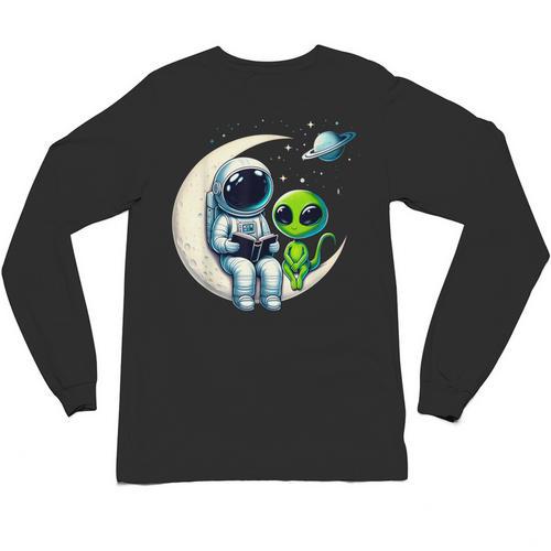 Astronaut Reading Book To Alien Shirt Moon Space Lover Kids Unisex Long Sleeve T-Shirt - Bookorys UK
