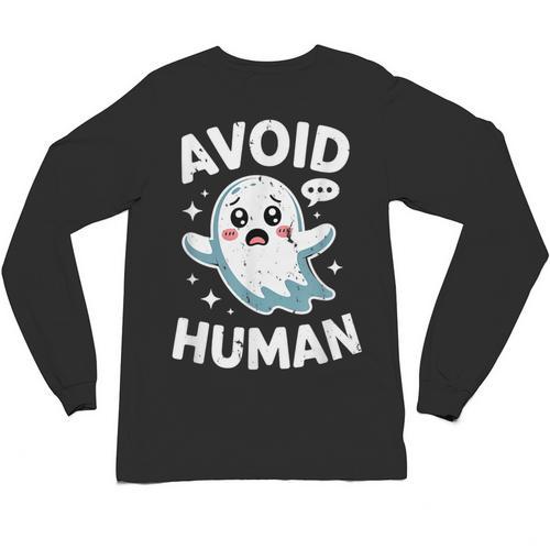 Avoid Humans Cute Kawaii Pastel Ghost Introvert Saying Unisex Long Sleeve T-Shirt - Raresse