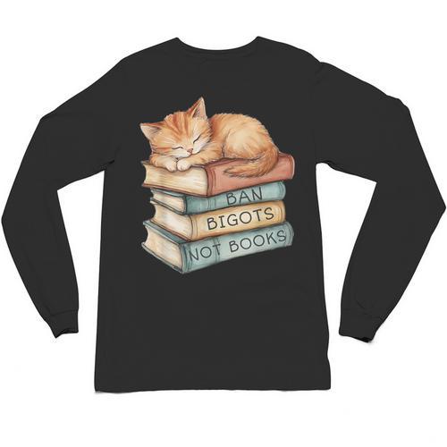 Ban Bigots Not Books Kitten Sleeping Vintage Cat Watercolor Men Women Unisex Long Sleeve T-Shirt - Bookorys AU