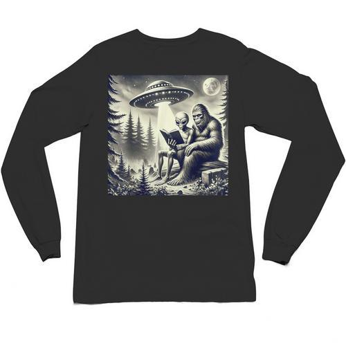 Bigfoot With Alien Reading A Book Bigfoot And UFO Unisex Long Sleeve T-Shirt - Bookorys CA