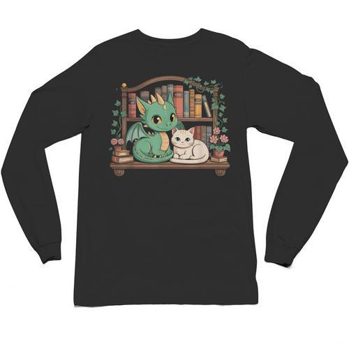 Boho Librarian Booklover Cottagecore Fantasy Book Dragon Cat Unisex Long Sleeve T-Shirt - Bookorys AU