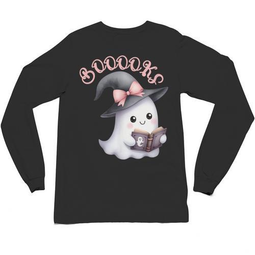 Boo Ghost Books Coquette Bow Halloween Women School Teacher Unisex Long Sleeve T-Shirt - Bookorys