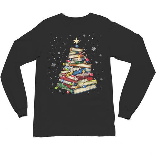Book Christmas Tree Teacher Book Lover Crew Neck Modern Classic Christmas Small Short Sleeve -Adults -Kids Unisex Long Sleeve T-Shirt - Bookorys