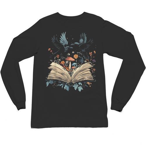 Book Lover Crow Cottagecore Flowers Book Unisex Long Sleeve T-Shirt - Bookorys CA