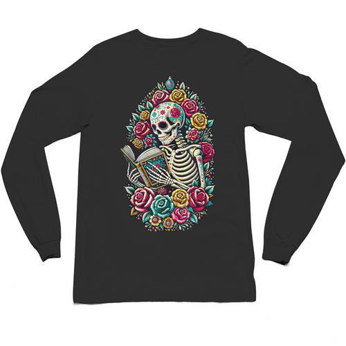Book Lover Skeleton Reading With Dia De Los Muertos Flowers Unisex Long Sleeve T-Shirt - Bookorys CA