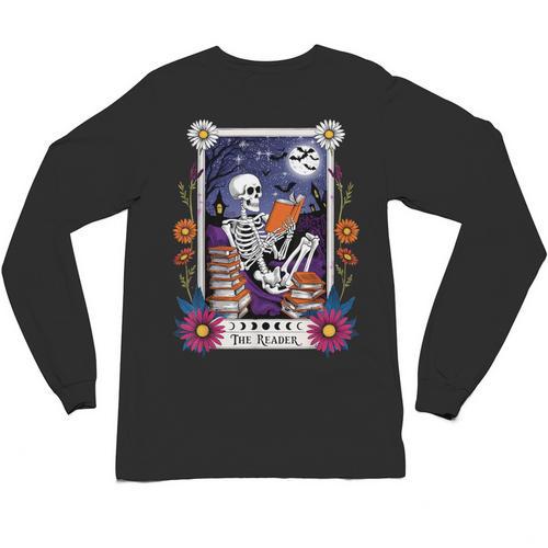 Book Lover Tarot Card The Reader Mystic Skeleton Unisex Long Sleeve T-Shirt - Bookorys