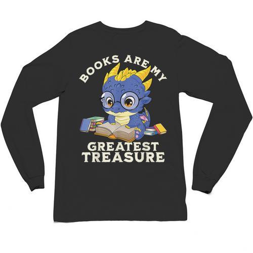 Books Are My Greatest Treasure Kawaii Dragon Reading Books Unisex Long Sleeve T-Shirt - Bookorys