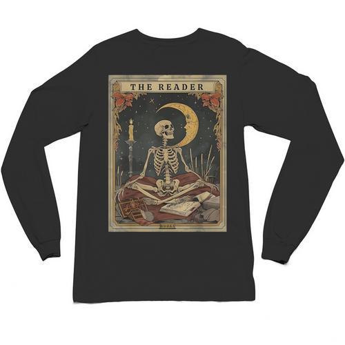Books Lover Book Novels Reading Halloween Costumes Cottagecore Skeleton Aesthetic Tarot Card The Reader Graphic Unisex Long Sleeve T-Shirt - Bookorys