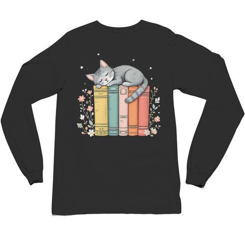 Books Lover Cute Sleepy Cat Relax Reading Vibe Unisex Long Sleeve T-Shirt - Bookorys AU