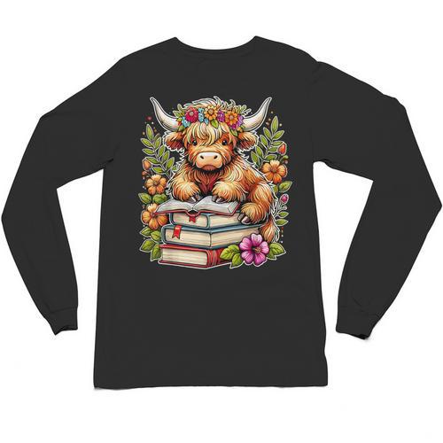 Bookworm Cute Highland Cow Reading Book Unisex Long Sleeve T-Shirt - Bookorys