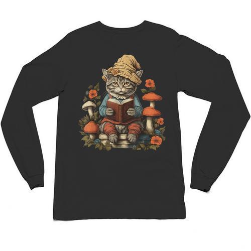 Cat Cottagecore Shirt Mushroom Cute Cat Reading Book Women Unisex Long Sleeve T-Shirt - Bookorys AU