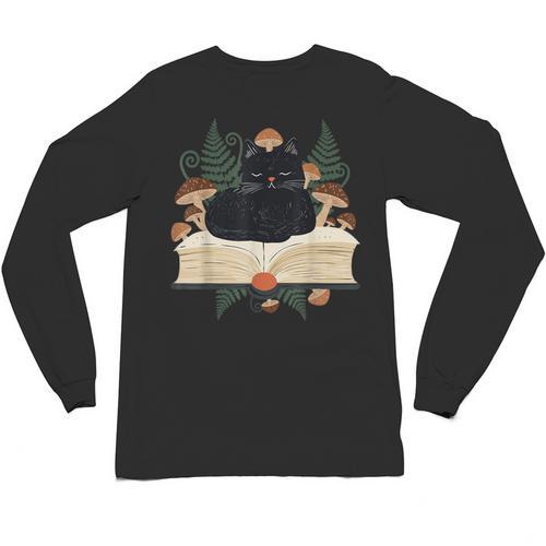 Cat On Open Book Mushrooms Ferns Dark Academia Unisex Long Sleeve T-Shirt - Bookorys AU